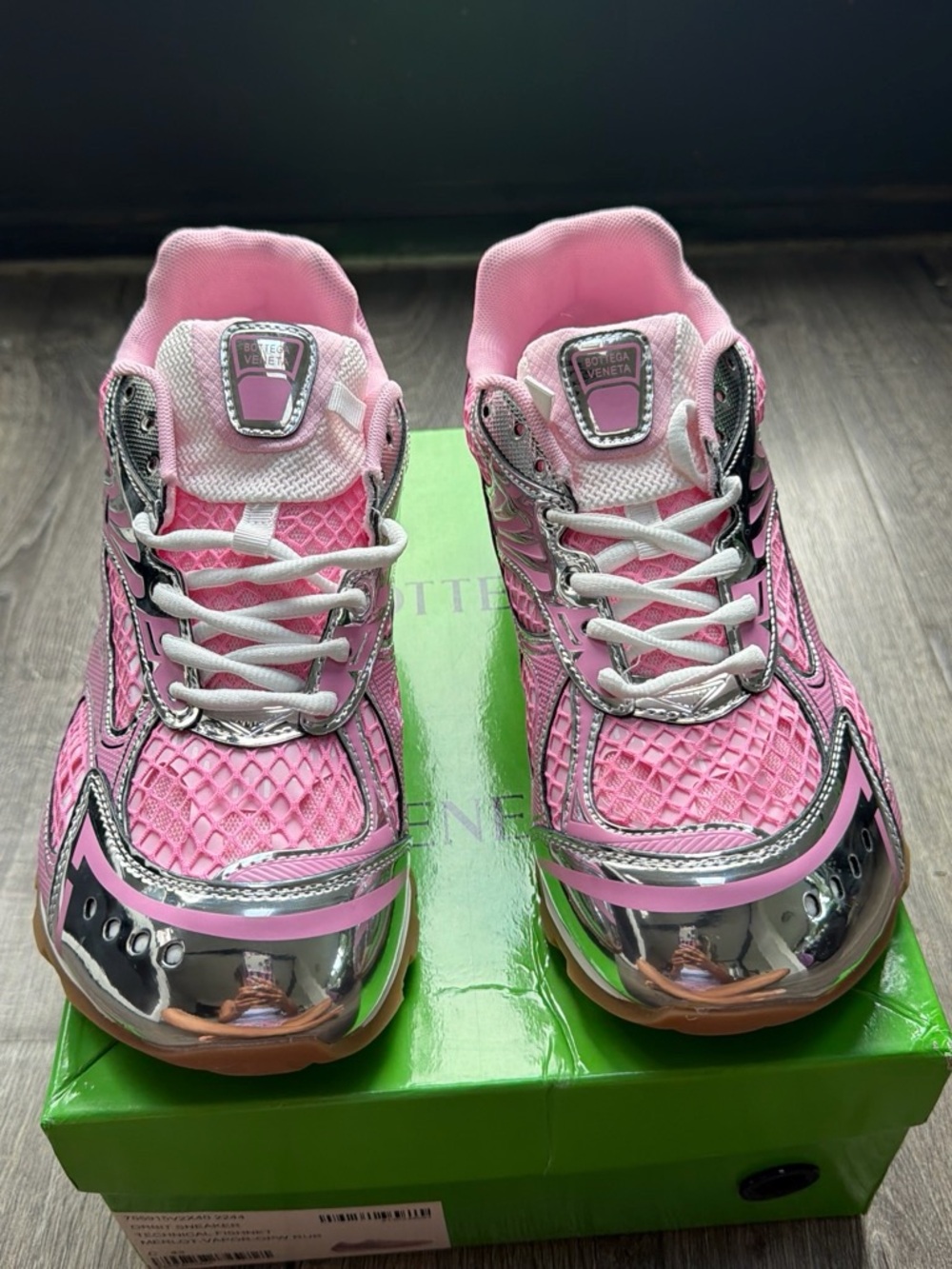 Bottega Veneta Pink Mesh Sneakers with Silver Metallic Accents WITH BOX